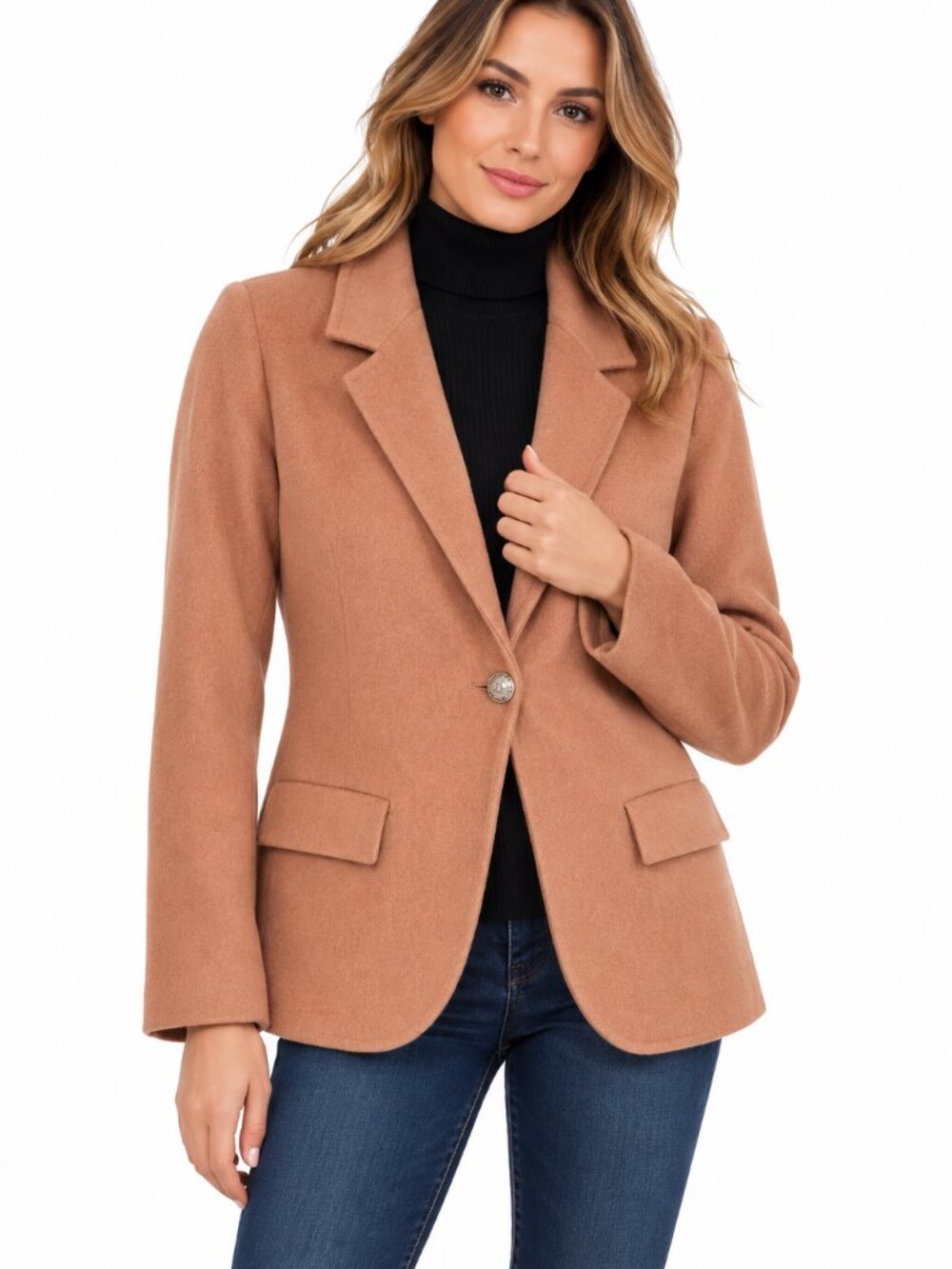 Camel Brown Knit Blazer Cardigan Single Button Women’s Jacket